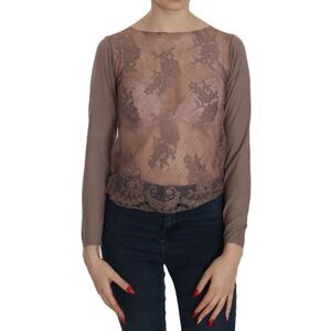 PINK MEMORIES Lace Overlay Long Sleeve Top Women Brown Tops & T-Shirts